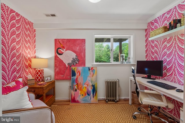 16 Lacosta Ct, Towson, MD 21204 - home office featuring radiator, wood finished floors, ornamental molding, and baseboards