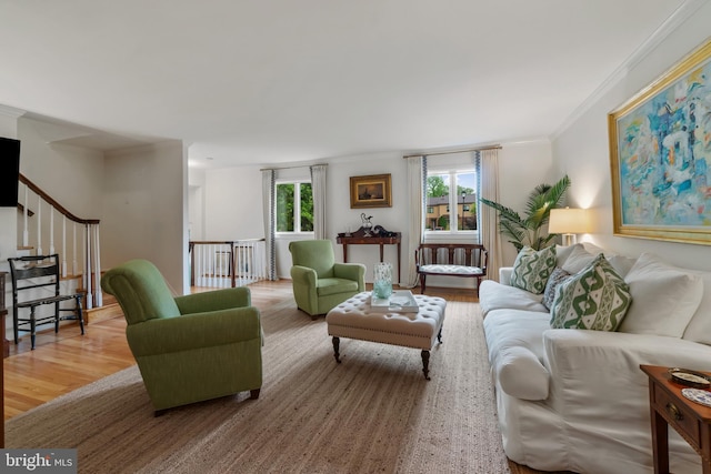 16 Lacosta Ct, Towson, MD 21204 - living room featuring wood finished floors, ornamental molding, and stairway
