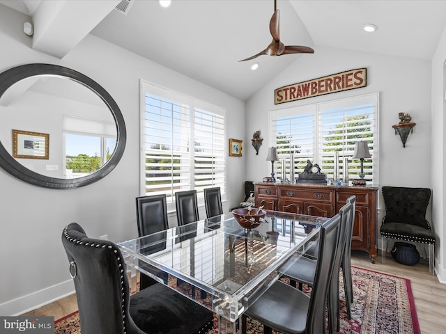 dining area featuring ceiling fan, lofted ceiling, light wood finished floors, recessed lighting, and baseboards