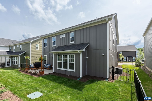 back of house featuring board and batten siding, a patio area, central AC, and outdoor lounge area