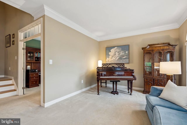 229 Bowen Ct, Annapolis, MD 21401 - sitting room with crown molding, light colored carpet, baseboards, and stairway