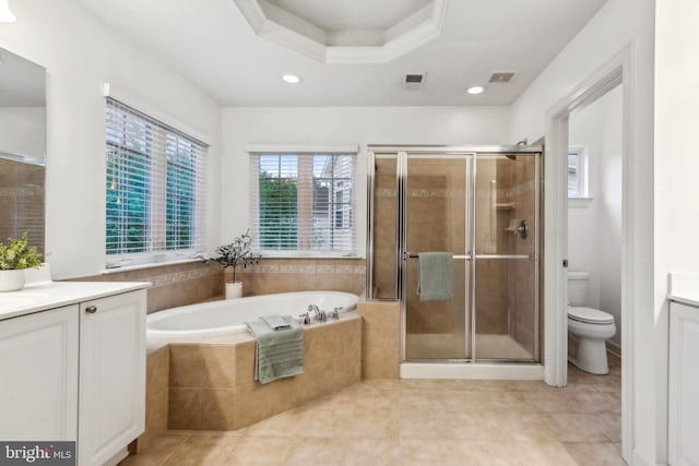 229 Bowen Ct, Annapolis, MD 21401 - bathroom featuring vanity, a stall shower, a garden tub, toilet, and tile patterned floors