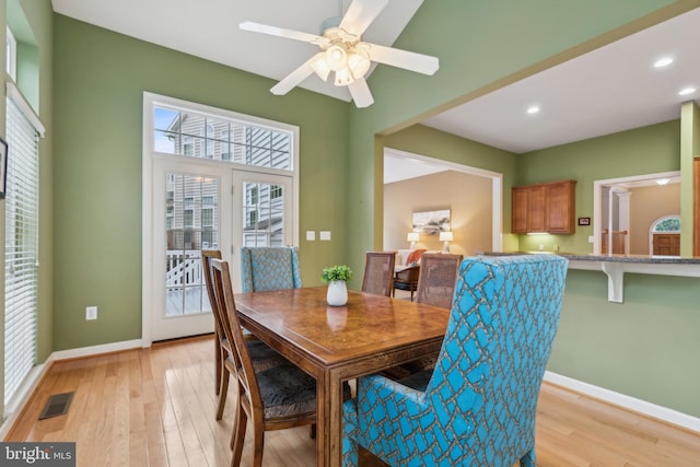 229 Bowen Ct, Annapolis, MD 21401 - dining room featuring light wood-style floors, baseboards, recessed lighting, and a ceiling fan