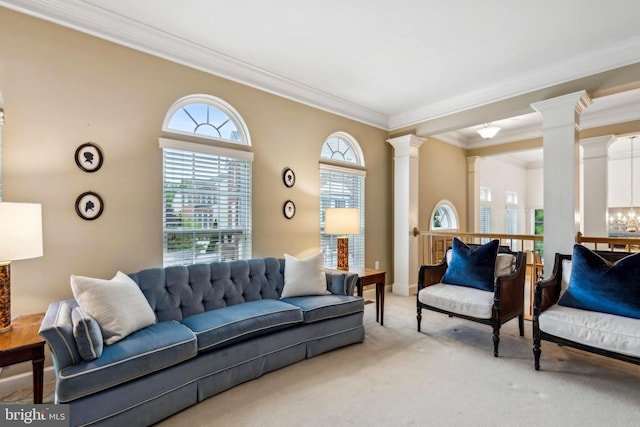 229 Bowen Ct, Annapolis, MD 21401 - carpeted living room featuring crown molding and decorative columns