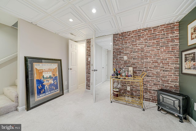 2015 Rollins Dr, Alexandria, VA 22307 - hallway featuring brick wall, stairway, carpet, recessed lighting, and baseboards