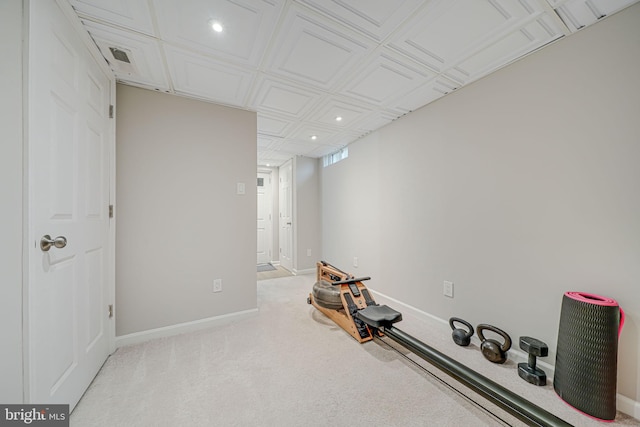 2015 Rollins Dr, Alexandria, VA 22307 - workout room with recessed lighting, baseboards, and light colored carpet
