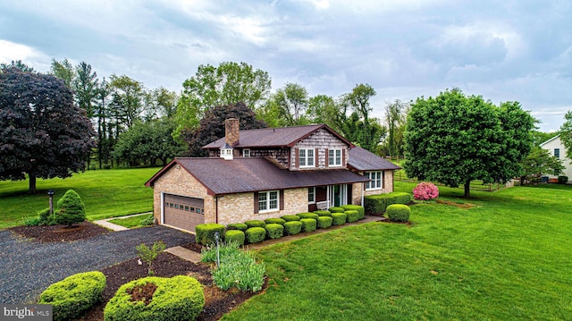 3019 Level Rd, Churchville, MD 21028 - view of front of house featuring stone siding, a chimney, a front lawn, a shingled roof, and driveway