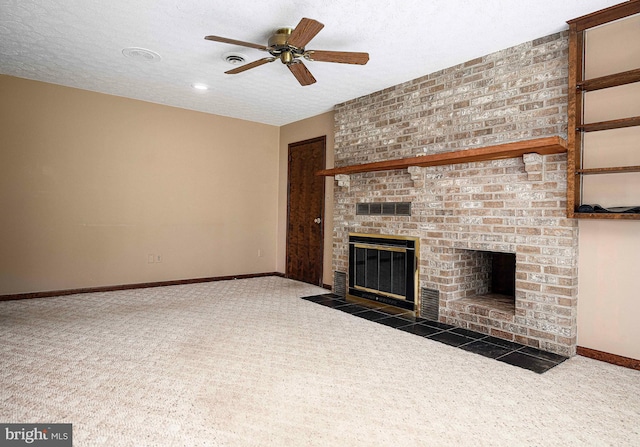 3019 Level Rd, Churchville, MD 21028 - unfurnished living room with carpet flooring, a fireplace, a ceiling fan, baseboards, and a textured ceiling