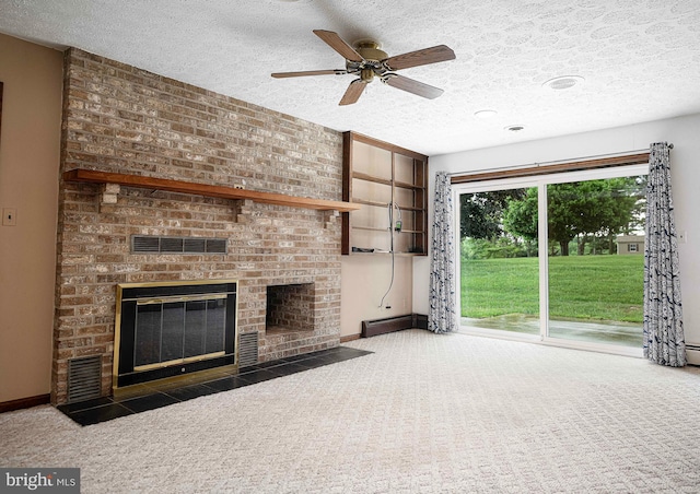 3019 Level Rd, Churchville, MD 21028 - unfurnished living room featuring carpet flooring, a textured ceiling, a fireplace, ceiling fan, and baseboards