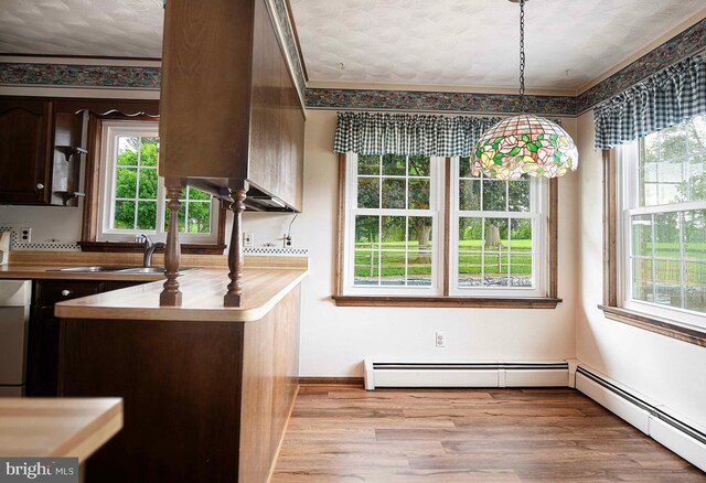 3019 Level Rd, Churchville, MD 21028 - kitchen with a baseboard radiator, a sink, wood finished floors, decorative light fixtures, and ornamental molding