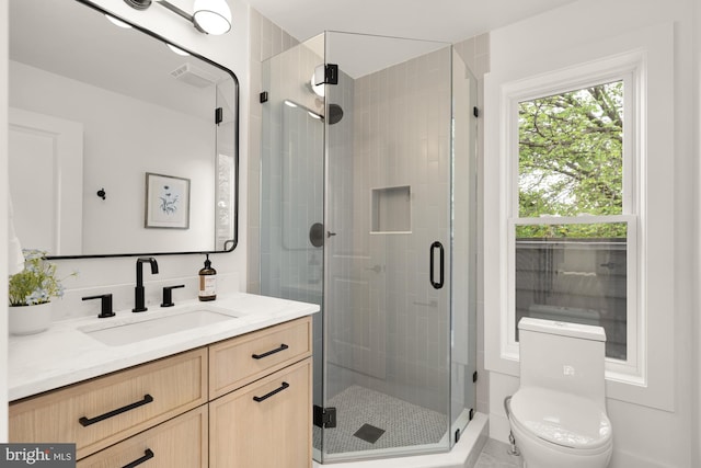 bathroom featuring a shower stall, toilet, and vanity