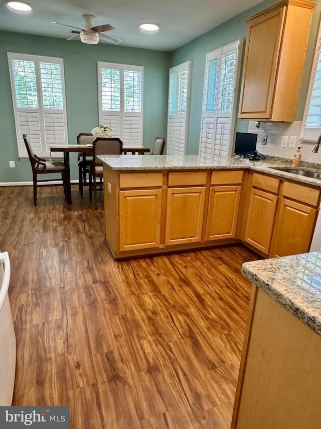 411 Hamlet Club Dr Unit 104, Edgewater, MD 21037 - kitchen with a sink, a peninsula, dark wood-style flooring, a ceiling fan, and recessed lighting