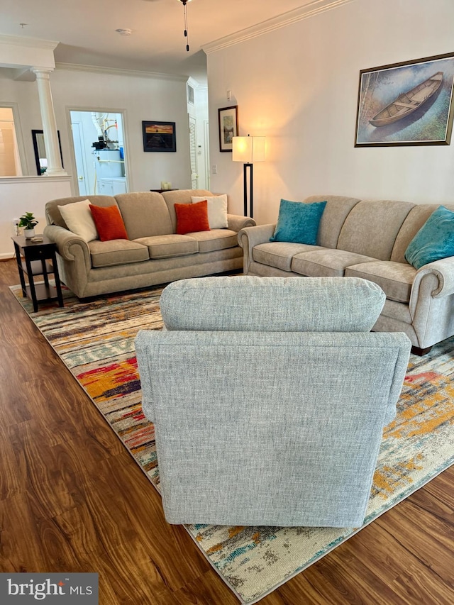 411 Hamlet Club Dr Unit 104, Edgewater, MD 21037 - living area featuring ornamental molding, wood finished floors, and ornate columns