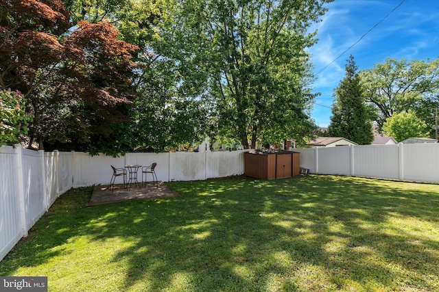 view of yard with a shed, an outdoor structure, and a patio area