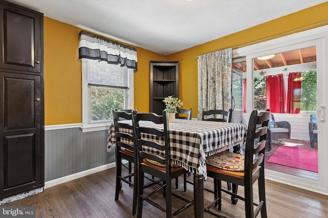 dining area with wood finished floors, wainscoting, and baseboards