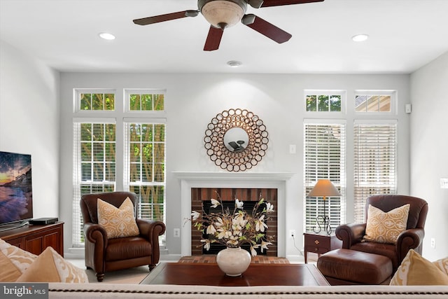 47433 River Crest St, Sterling, VA 20165 - living room featuring a ceiling fan, a brick fireplace, and recessed lighting