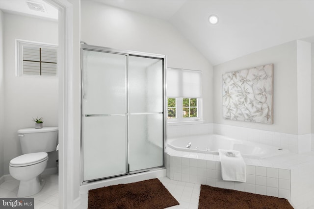 47433 River Crest St, Sterling, VA 20165 - bathroom with tile patterned floors, a bath, a stall shower, vaulted ceiling, and toilet