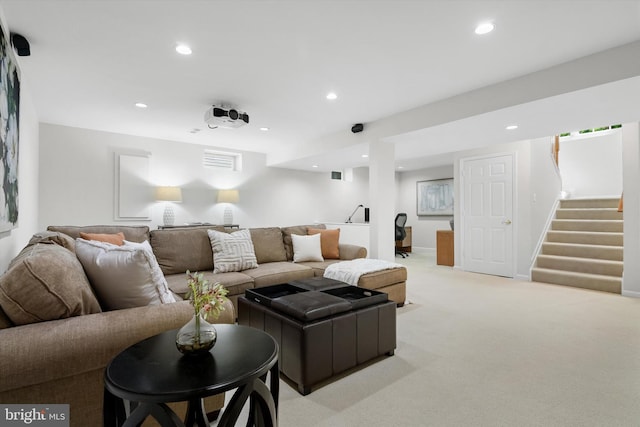 47433 River Crest St, Sterling, VA 20165 - living area featuring light colored carpet, stairs, and recessed lighting