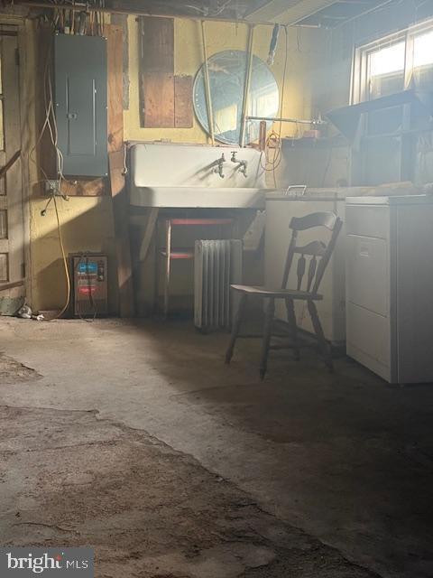 110 N Main St, Union Bridge, MD 21791 - dining space featuring electric panel, radiator, and washer / dryer