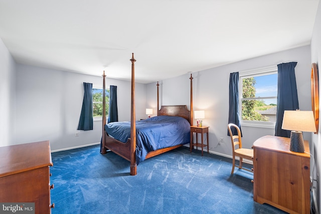 carpeted bedroom featuring multiple windows and baseboards