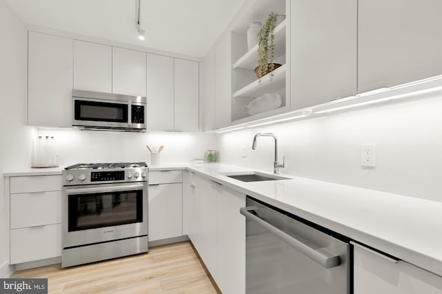 kitchen featuring stainless steel appliances, a sink, and white cabinetry