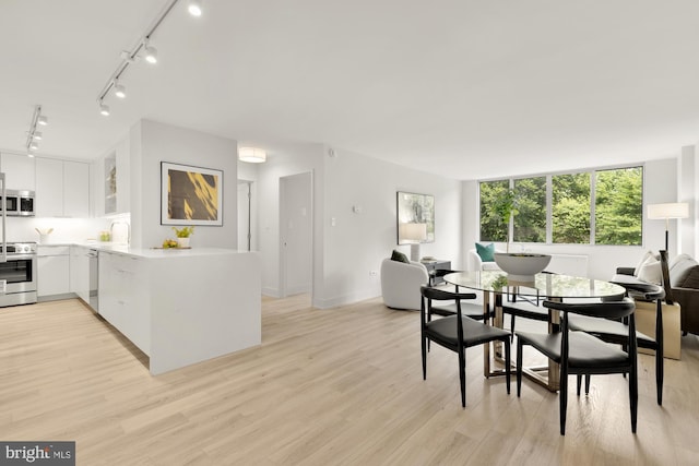 dining room featuring rail lighting and light wood-style flooring