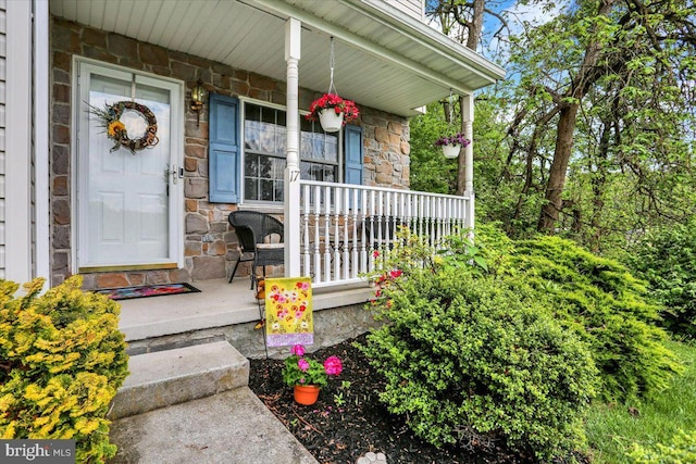 entrance to property featuring stone siding and a porch