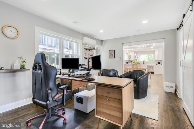 7603 Hammond Ave, Takoma Park, MD 20912 - office featuring recessed lighting, dark wood-style flooring, baseboards, and a barn door