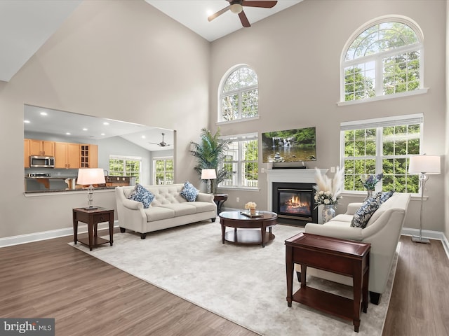 8484 Oak Run Way, Ellicott City, MD 21043 - living room featuring ceiling fan, high vaulted ceiling, wood finished floors, a glass covered fireplace, and baseboards
