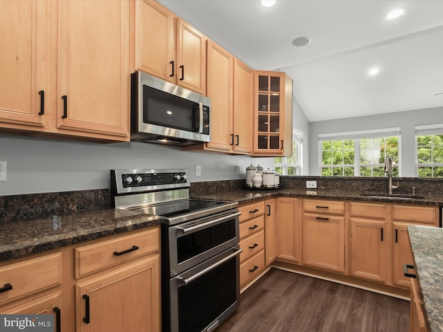 8484 Oak Run Way, Ellicott City, MD 21043 - kitchen with appliances with stainless steel finishes, a sink, vaulted ceiling, dark wood-style floors, and dark stone counters