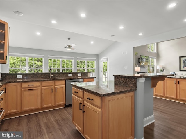 8484 Oak Run Way, Ellicott City, MD 21043 - kitchen featuring dishwasher, a sink, dark wood-style flooring, lofted ceiling, and ceiling fan