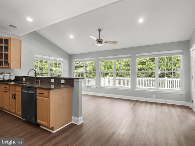 8484 Oak Run Way, Ellicott City, MD 21043 - kitchen with dishwasher, a sink, ceiling fan, lofted ceiling, and dark wood-style flooring