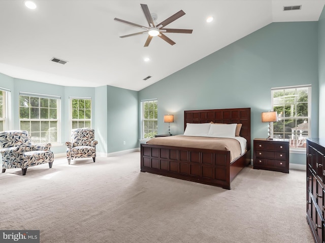 8484 Oak Run Way, Ellicott City, MD 21043 - bedroom featuring light colored carpet, recessed lighting, high vaulted ceiling, baseboards, and a ceiling fan