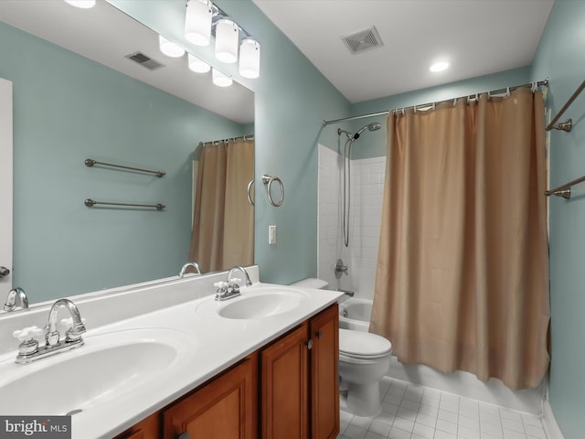 8484 Oak Run Way, Ellicott City, MD 21043 - bathroom with toilet, shower / bathtub combination with curtain, double vanity, and tile patterned flooring