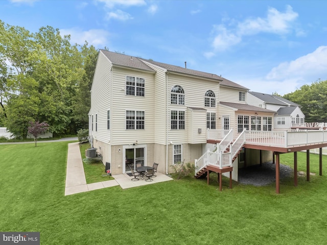 8484 Oak Run Way, Ellicott City, MD 21043 - back of house featuring cooling unit, stairs, a deck, a lawn, and a patio area