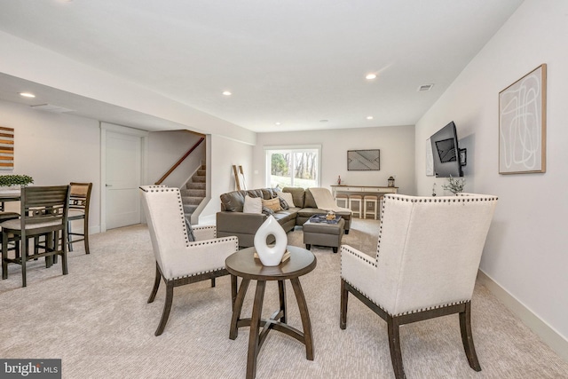101 Eagle Dr, Broomall, PA 19008 - living room with light colored carpet, stairway, recessed lighting, and baseboards