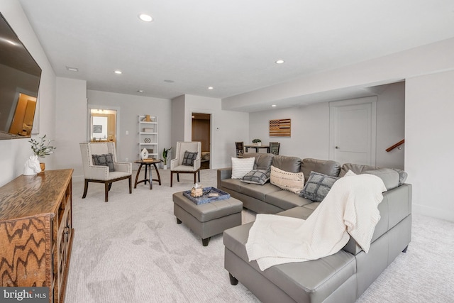101 Eagle Dr, Broomall, PA 19008 - living area with light carpet, recessed lighting, and stairway