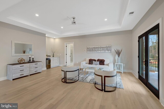 7916 Lewinsville Rd, Mclean, VA 22102 - living room featuring a raised ceiling, light wood finished floors, ceiling fan, baseboards, and recessed lighting