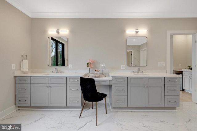 7916 Lewinsville Rd, Mclean, VA 22102 - bathroom with marble finish floors, two vanities, and baseboards