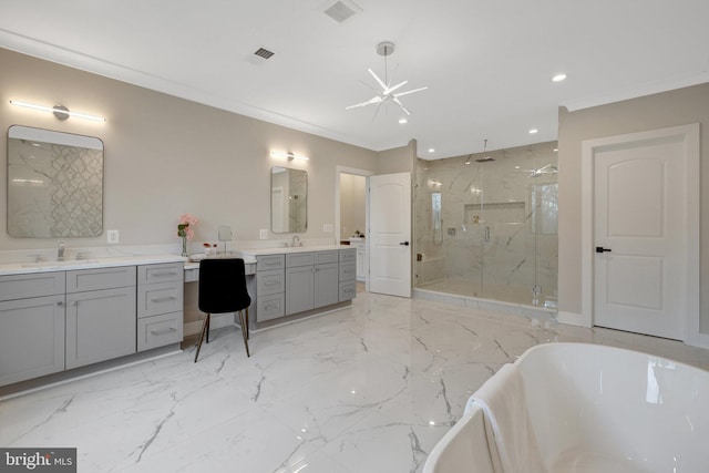 7916 Lewinsville Rd, Mclean, VA 22102 - full bathroom with marble tiled flooring, a marble finish shower, a freestanding bath, recessed lighting, and ornamental molding