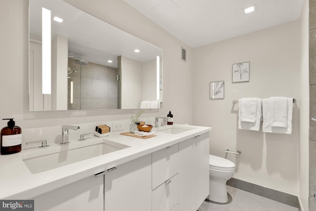 2939 Van Ness St NW Unit 424, Washington, DC 20008 - full bathroom with tiled shower, toilet, double vanity, recessed lighting, and tile patterned floors