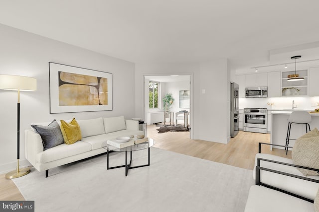 2939 Van Ness St NW Unit 424, Washington, DC 20008 - living room featuring light wood-style floors, baseboards, and rail lighting