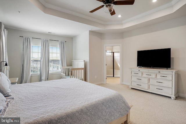 10117 Fosset St, Ijamsville, MD 21754 - bedroom featuring a tray ceiling, light colored carpet, recessed lighting, crown molding, and baseboards