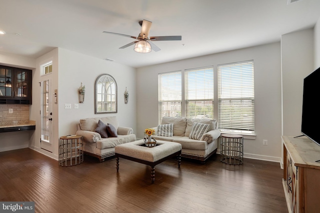 10117 Fosset St, Ijamsville, MD 21754 - living room with dark wood finished floors, ceiling fan, and baseboards