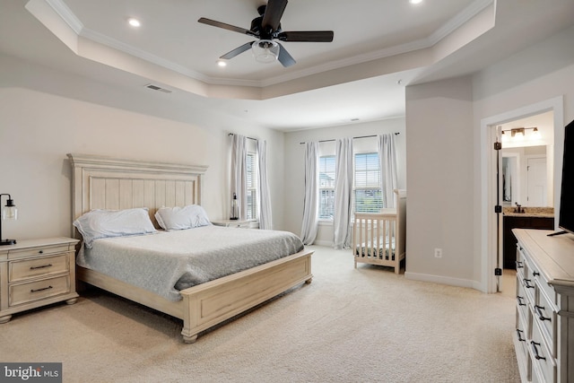 10117 Fosset St, Ijamsville, MD 21754 - bedroom with a raised ceiling, recessed lighting, light carpet, crown molding, and baseboards