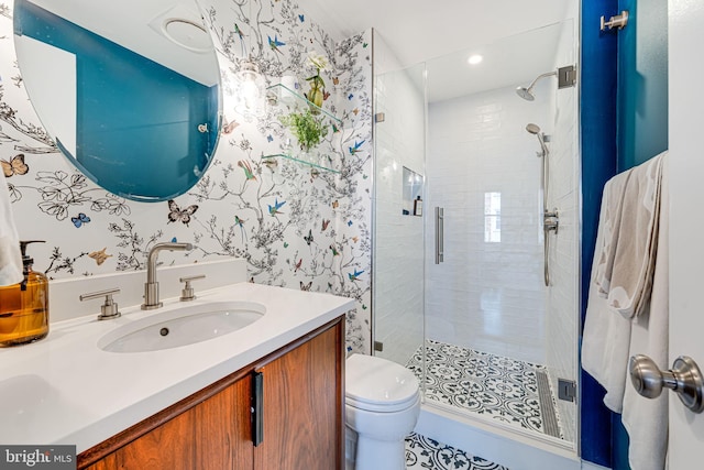1702 Seaton St NW, Washington, DC 20009 - full bath with a shower stall, toilet, wallpapered walls, recessed lighting, and vanity