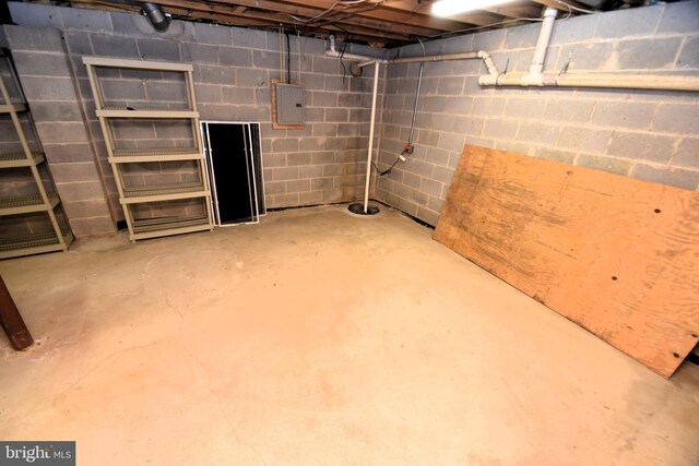 unfinished below grade area with electric panel and concrete block wall