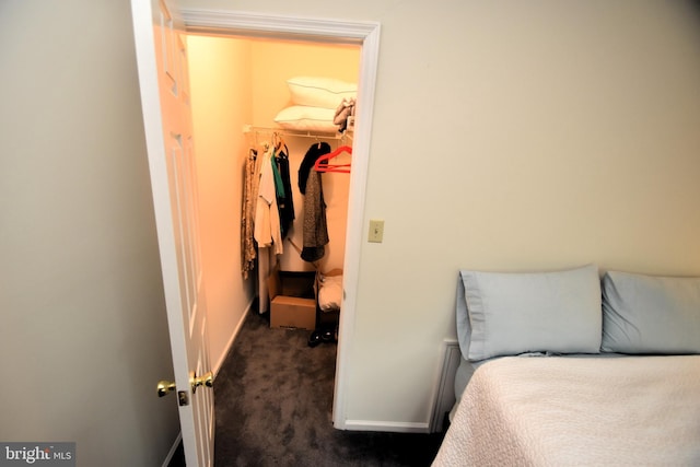 bedroom featuring dark colored carpet, a spacious closet, a closet, and baseboards