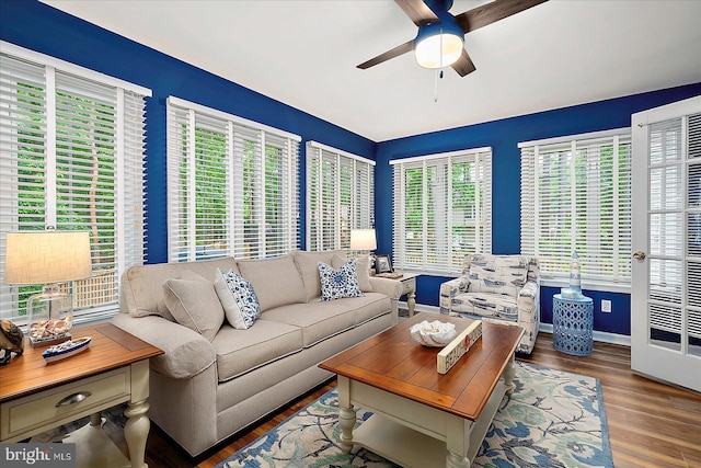 4 Abbey Cir, Ocean Pines, MD 21811 - living room with a ceiling fan, wood finished floors, and baseboards