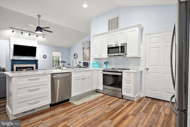 4 Abbey Cir, Ocean Pines, MD 21811 - kitchen with appliances with stainless steel finishes, vaulted ceiling, open floor plan, a ceiling fan, and a peninsula